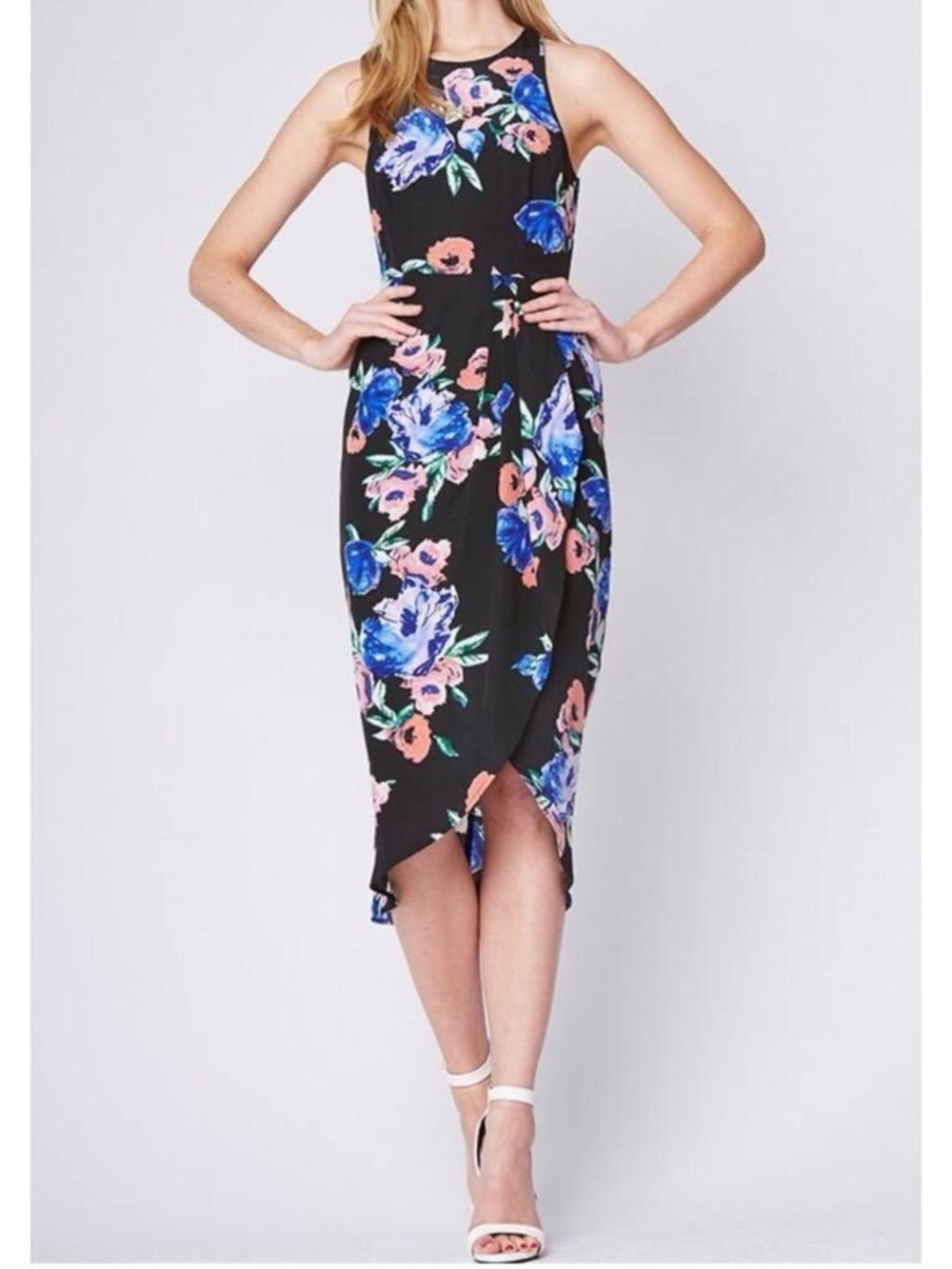 Yumi Kim Black Floral Racer Back Sleeveless Midi Dress